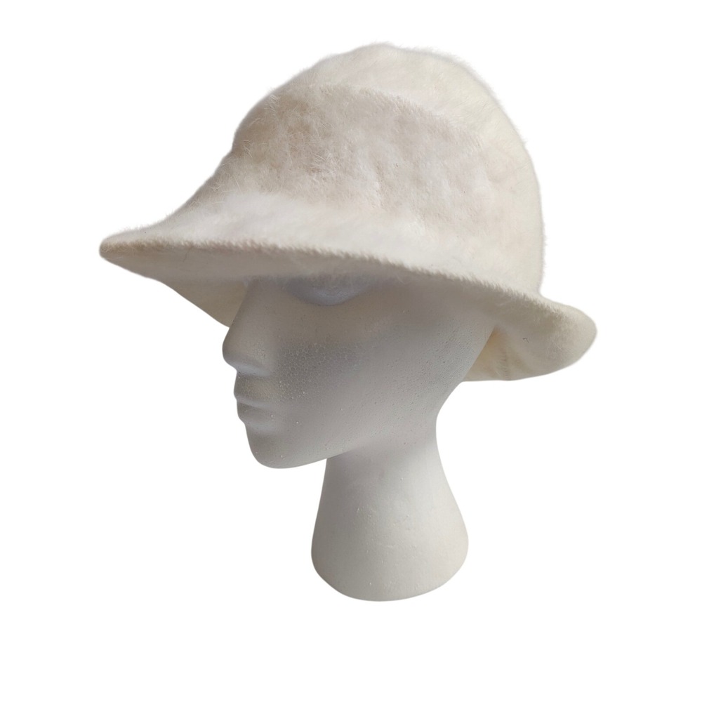 Vintage Angora Rabbit Hair Cloche Bucket Hat White Fuzzy Made in England